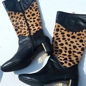 Black Leather and Leopard-Print Mid-Calf Heeled Boots
